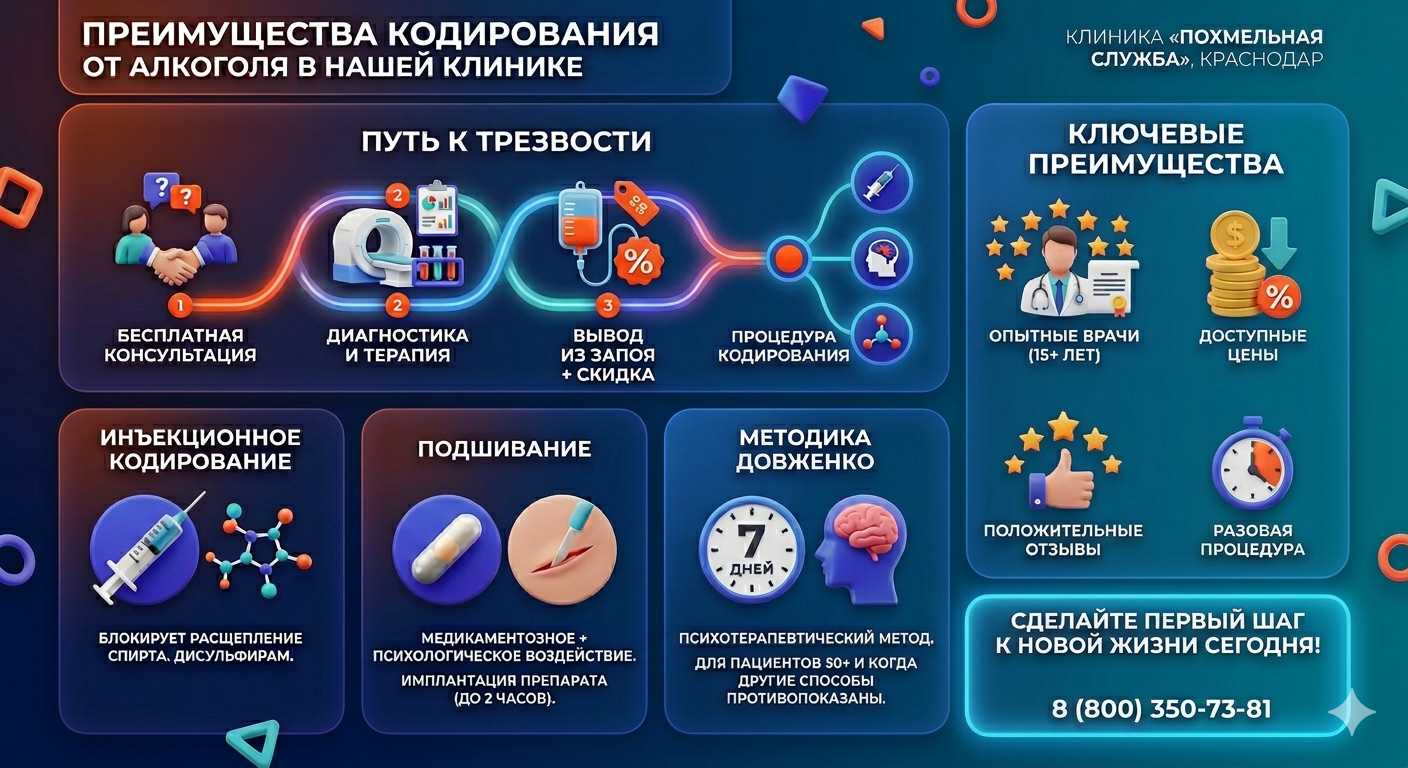 Инфографика о методах кодирования от алкоголя в Саранске: инъекции, подшивание, метод Довженко. Преимущества клиники и этапы лечения.
