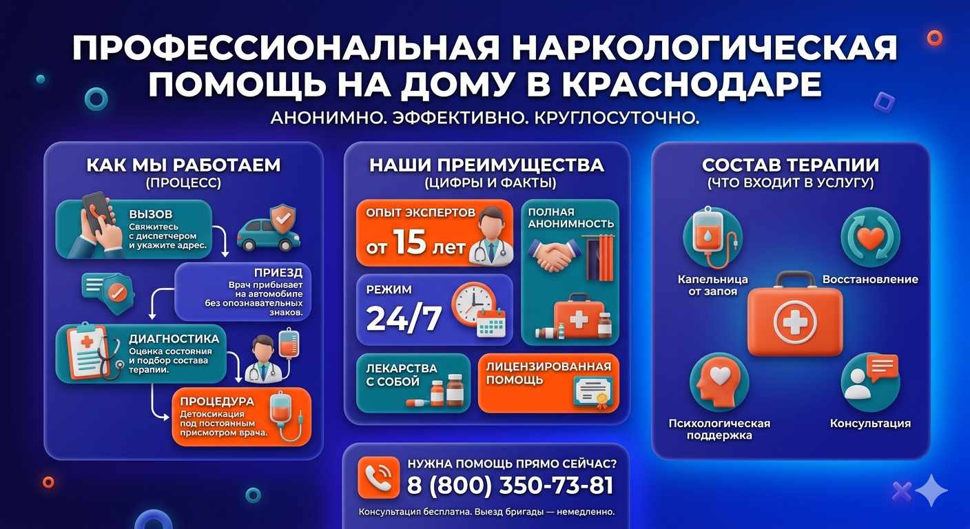 Инфографика о принципах лечения алкоголизма на дому в Саранске: этапы вызова нарколога, преимущества анонимной детоксикации и состав медицинской помощи.
